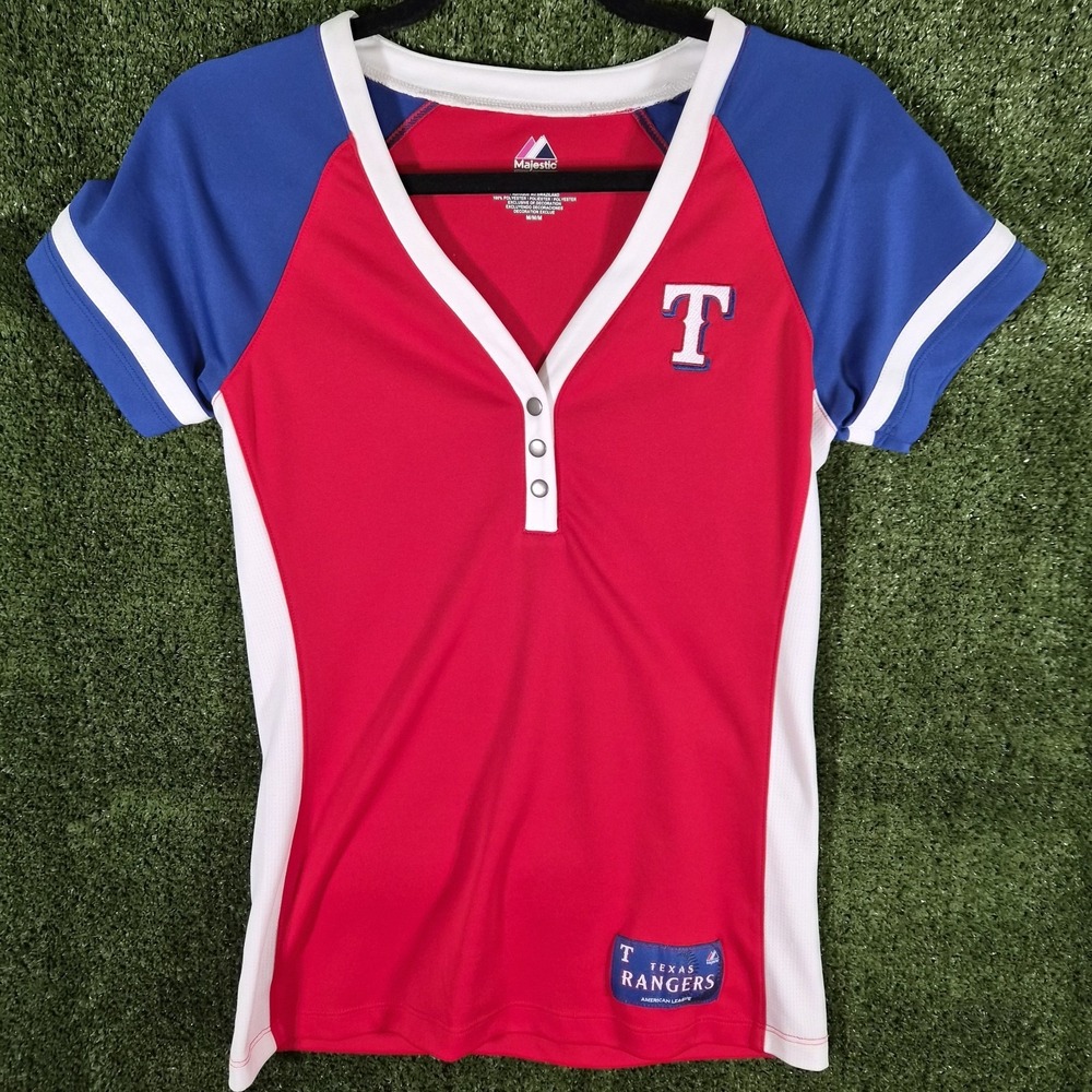 Texas Rangers MLB Majestic Women's Medium Henley Athletic Top Red Blue